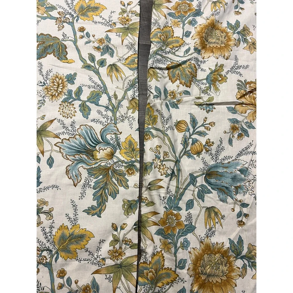Pottery Barn Floral Linen Cotton Lined Curtain Panels Yellow Teal 50x96 Set of 2